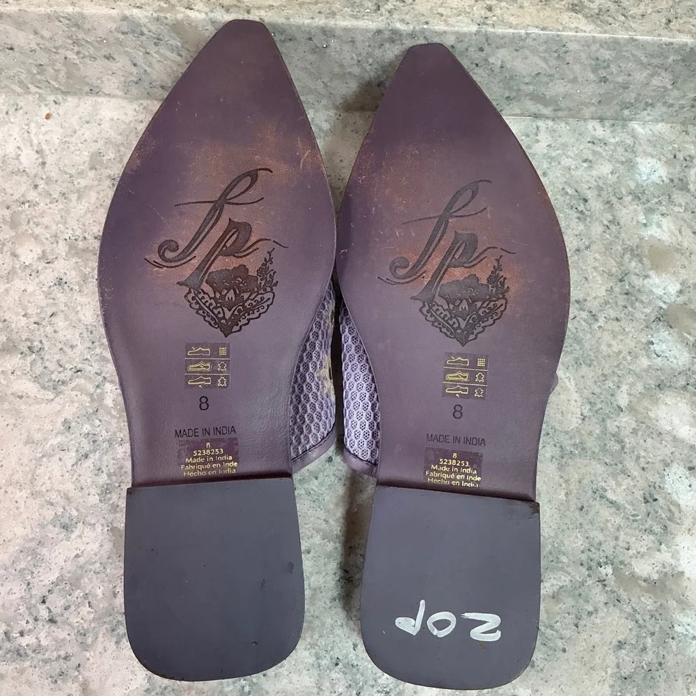 Free People Becky Daisy Mules 8 Purple Mesh Embroidered Floral Pointed Toe Flats